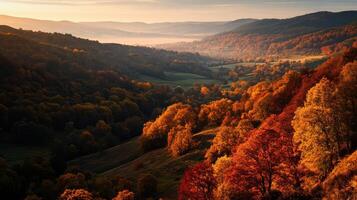 otoño paisaje con arboles y montañas a puesta de sol foto
