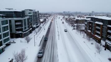 A view of a snowy road from above photo