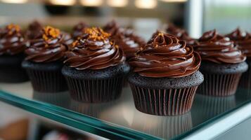 A glass case with several chocolate cupcakes photo
