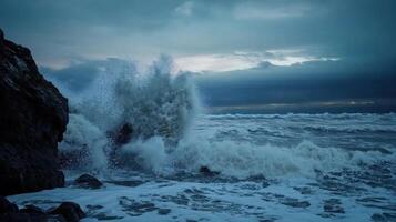 Dramatic ocean waves crashing against rocky shore under cloudy sky photo