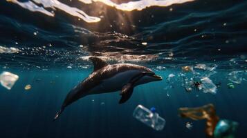 Dolphin swimming through murky waters filled with plastic waste, highlighting pollution photo