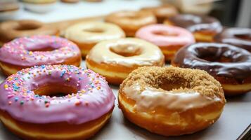A tray of donuts with frosting and sprinkles photo