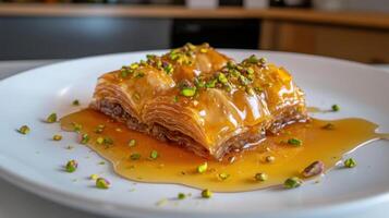 A plate topped with a piece of baklava photo