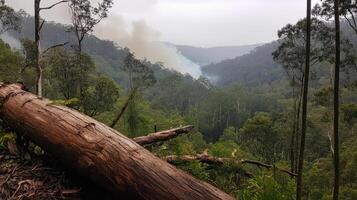 devastated rainforest with fallen trees and smoke rising from forest photo