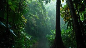 Rainy forest with trees and water in the jungle photo