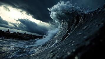 Dramatic storm waves crashing against coast under dark clouds photo