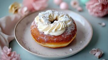 delicious doughnut topped with cream and powdered sugar, perfect for dessert photo
