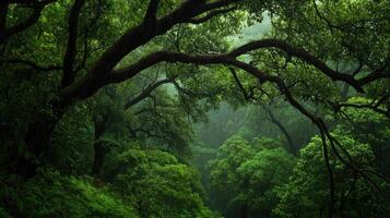 dense forest during heavy rain with swaying trees and lush greenery photo