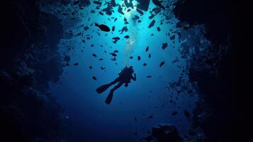 Diver exploring deep sea surrounded by plastic debris and fish photo