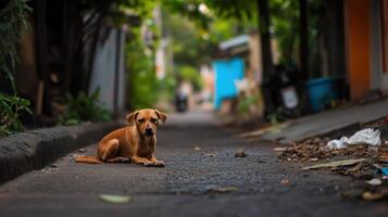 dog lying on quiet residential street, surrounded by greenery and homes photo