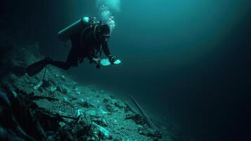 Diver exploring deep sea, surrounded by marine debris and plastic waste photo