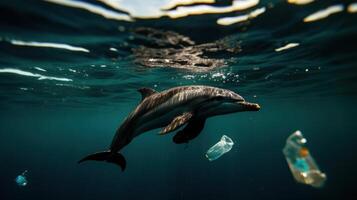 Dolphin swimming through murky waters with plastic waste, highlighting pollution photo