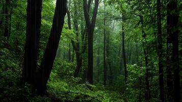 dense forest with lush greenery and tall trees surrounded by mist photo