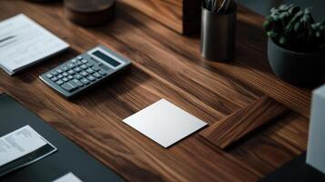financial advisor workspace featuring calculator, blank card, and documents photo