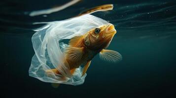 fish caught in plastic bag, struggling to break free underwater photo