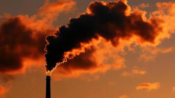 Factory chimney emitting dark smoke against sunset sky, highlighting pollution photo