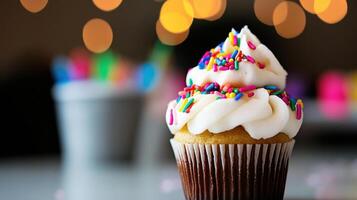 A cupcake with white frosting and sprinkles photo