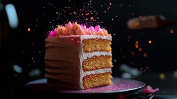 delicious cake with layers, topped with vibrant frosting and magical sparkles photo