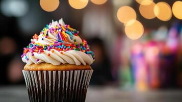 A cupcake with white frosting and sprinkles photo