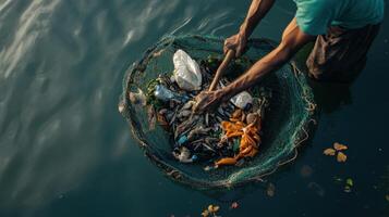 Fisherman pulling up net filled with garbage and fish from water photo
