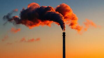 Factory emitting dark smoke against colorful sunset sky photo