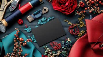 fashion designer business card on colorful fabric and floral elements photo