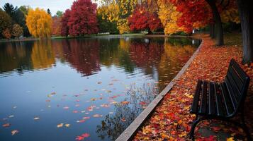 A bench is sitting on the edge of a lake photo