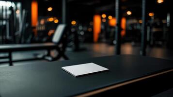 fitness trainer business card on gym bench in modern gym photo