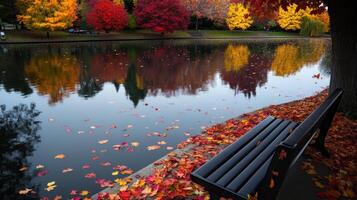 A bench is sitting on the edge of a lake photo