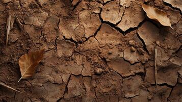 Dried soil with cracks and fallen leaves, showcasing drought effects photo