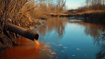 Contaminated water flowing from pipe into river, highlighting pollution issues photo