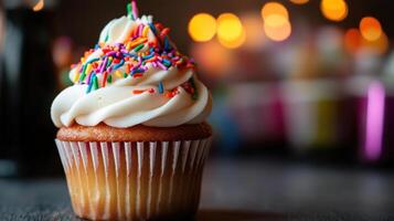 festive cupcake topped with creamy frosting and colorful sprinkles photo