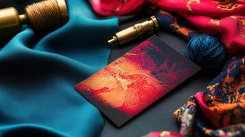 vibrant fashion designer business card on colorful fabric and threads photo