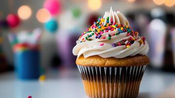 A cupcake with white frosting and sprinkles photo