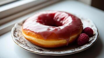 A donut with raspberry glaze on a plate photo