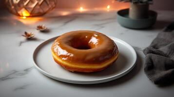 delicious caramel glazed doughnut on white plate, perfect for dessert photo