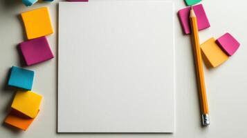 Notebook with colorful sticky notes and pencil on white background photo
