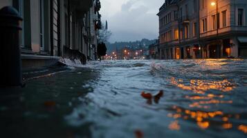 flooded coastal city with waves crashing against buildings at dusk photo