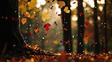 serene forest scene with golden and red leaves falling gently from trees photo