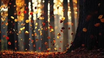 serene forest scene with golden and red leaves falling gently photo