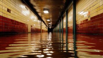 flooded subway station with water covering tiled floor and walls photo