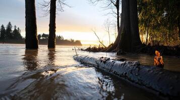 serene forest landscape with trees partially submerged in rising water levels photo