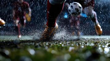 football match in rain with players slipping on wet grass photo