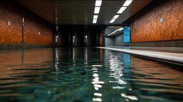 flooded subway station with water reaching ceiling, creating surreal atmosphere photo