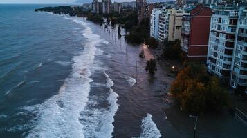 Flooded coastal city with waves crashing against buildings and streets photo