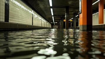 A flooded subway station with water in the middle photo