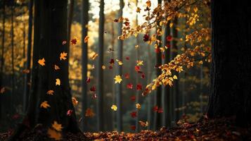 Autumn forest with golden and red leaves falling gently from trees photo