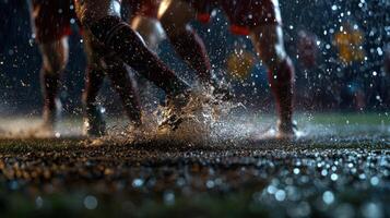 Players in red uniforms splashing water during rainy football match photo