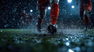 Football players running in rain, splashing water on field photo