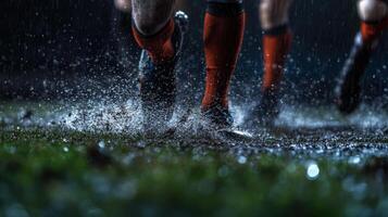 Players running in rain, splashing water on muddy football field photo